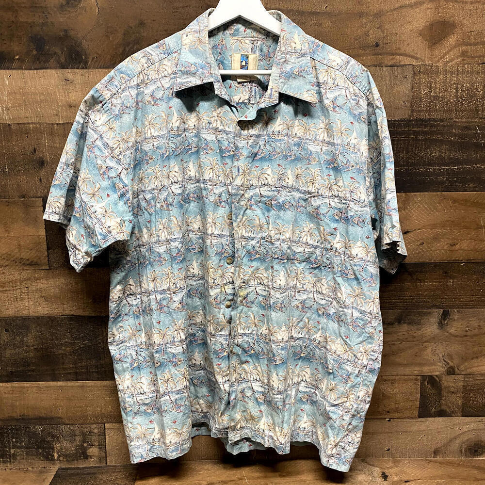 Kahala Men's Size XL Hawaiian Button Down Short Sleeve Shirt Camp Cotton Blue